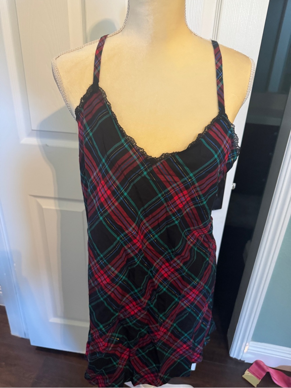 NWT Victoria's Secret Red and Green Plaid Lace-Trim Slip